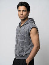 Acid Wash Embroidery Zipped Sleeveless Hooded Tshirt T-Shirts Fugazee 