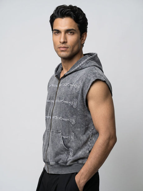 Acid Wash Embroidery Zipped Sleeveless Hooded Tshirt T-Shirts Fugazee 