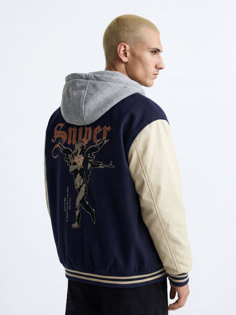 Navy Cupid Sniper Hooded Varsity Jacket Jackets Fugazee 
