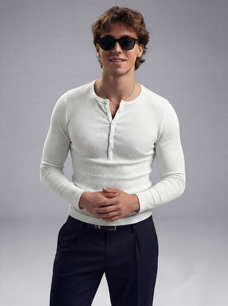 White Ribbed Henley Longsleeves Tshirt T-Shirts Fugazee 