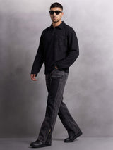 Black Textured Applique Longsleeves Polo Tshirt T-Shirts Fugazee 