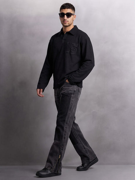 Black Textured Applique Longsleeves Polo Tshirt T-Shirts Fugazee 