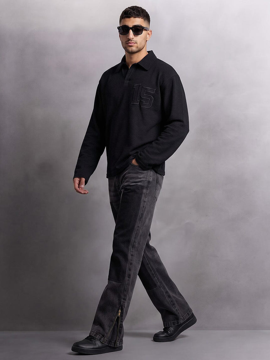 Black Textured Applique Longsleeves Polo Tshirt T-Shirts Fugazee 