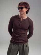 Coffee Ribbed Henley Longsleeves Tshirt T-Shirts Fugazee 