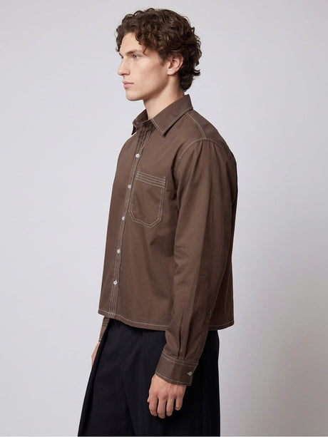 Brown Contrast Stitch Cropped Shirt Shirts Fugazee 