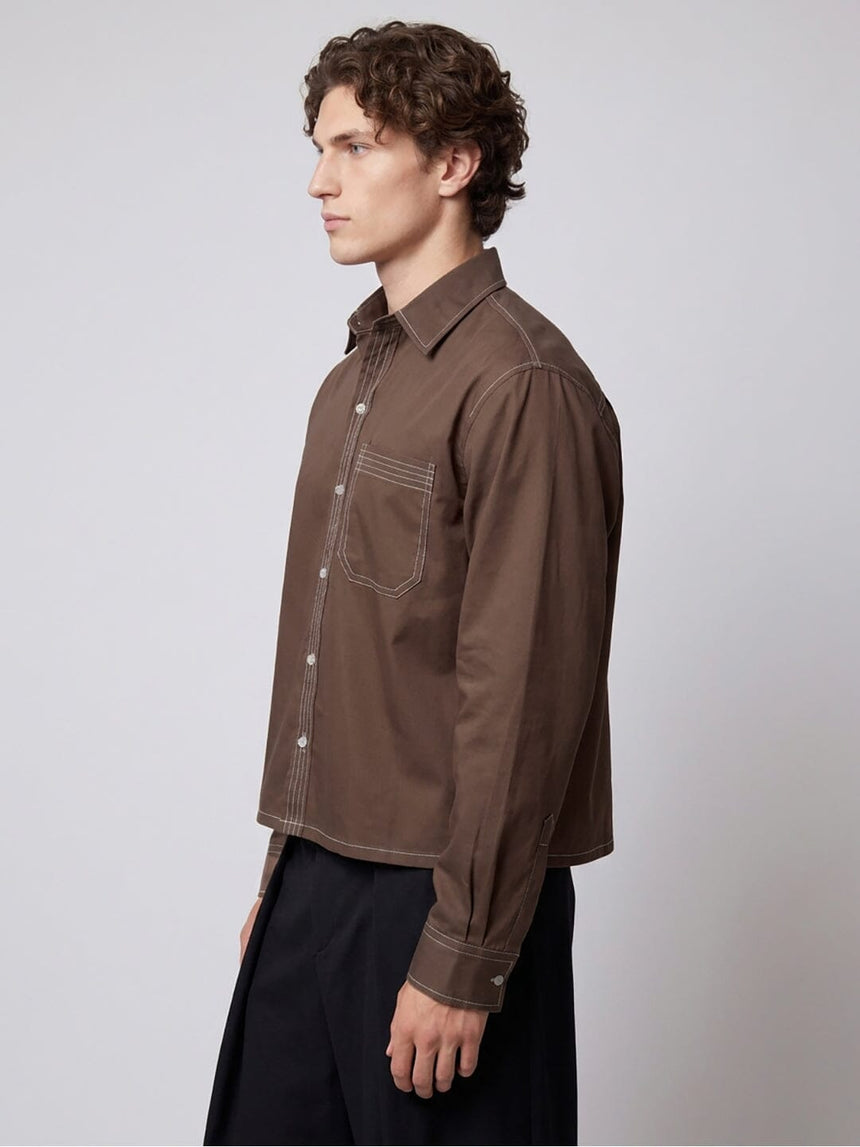 Brown Contrast Stitch Cropped Shirt Shirts Fugazee 