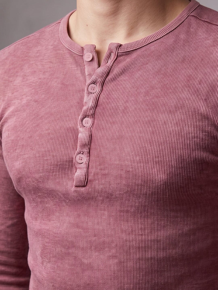 Crimson Acid Washed Ribbed Longsleeve Henley Tshirt T-Shirts Fugazee 