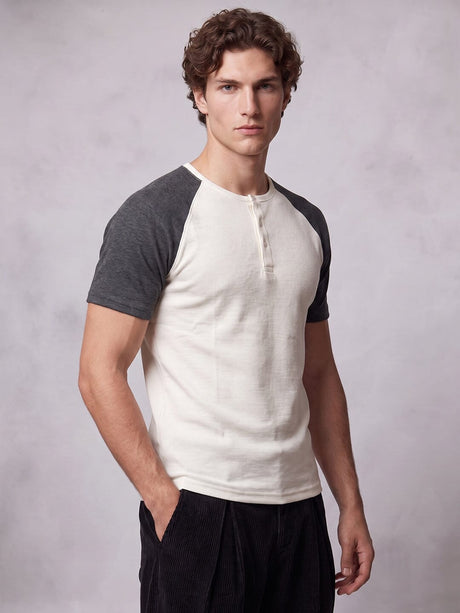 Ecru and Charcoal Raglan Ribbed Henley Tshirt T-Shirts Fugazee 