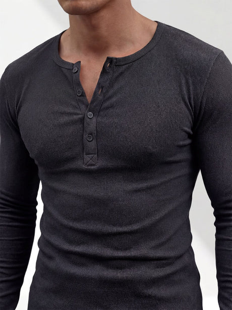 Charcoal Ribbed Henley Longsleeves Tshirt T-Shirts Fugazee 