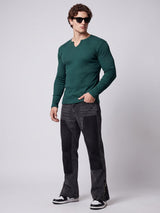 Bottle Green Notch Neck Ribbed Longsleeve Tshirt T-Shirts Fugazee 