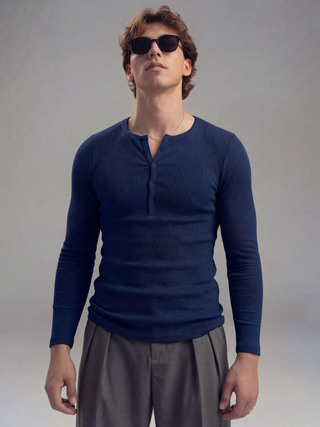 Navy Ribbed Henley Longsleeves Tshirt T-Shirts Fugazee 