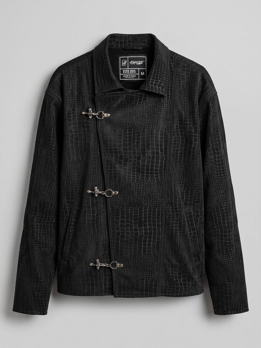 Black Croc Textured Fireman Clasp Harrington Jacket Jackets Fugazee 
