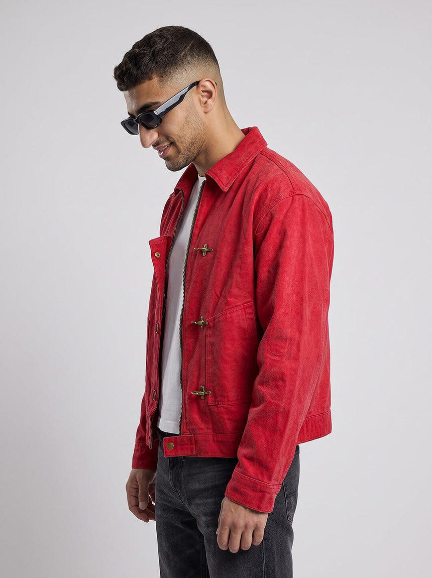 Red Washed Denim Fireman Clasp Jacket Jackets Fugazee 