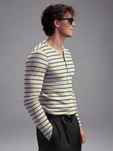 Beige And Navy Striped Ribbed Henley Longsleeves Tshirt T-Shirts Fugazee 