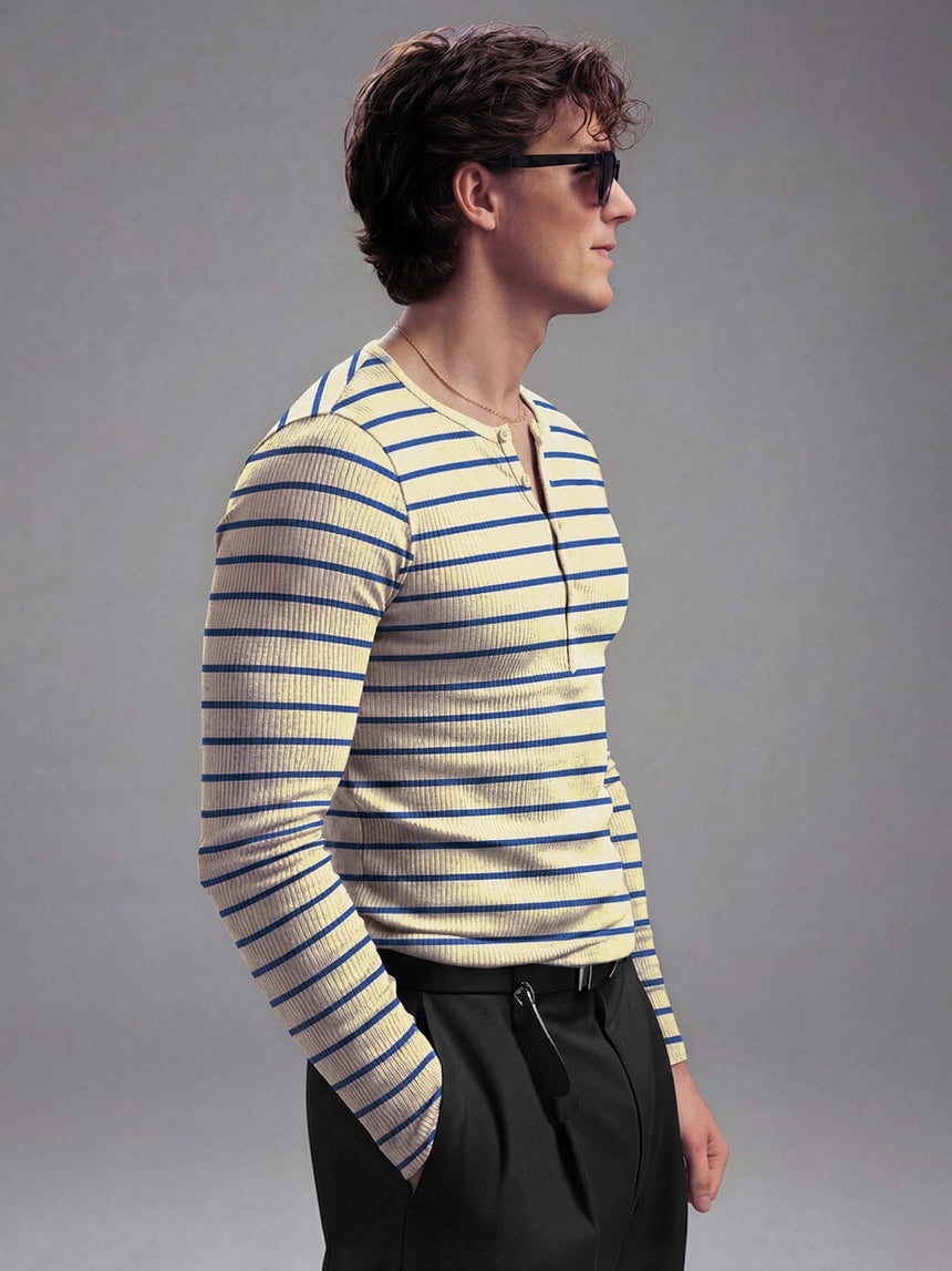 Beige And Navy Striped Ribbed Henley Longsleeves Tshirt T-Shirts Fugazee 