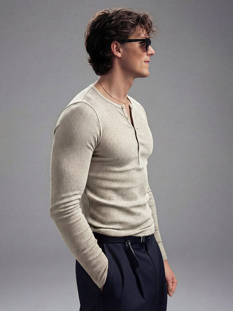 Ecru Melange Ribbed Henley Long sleeves Tshirt T-Shirts Fugazee 