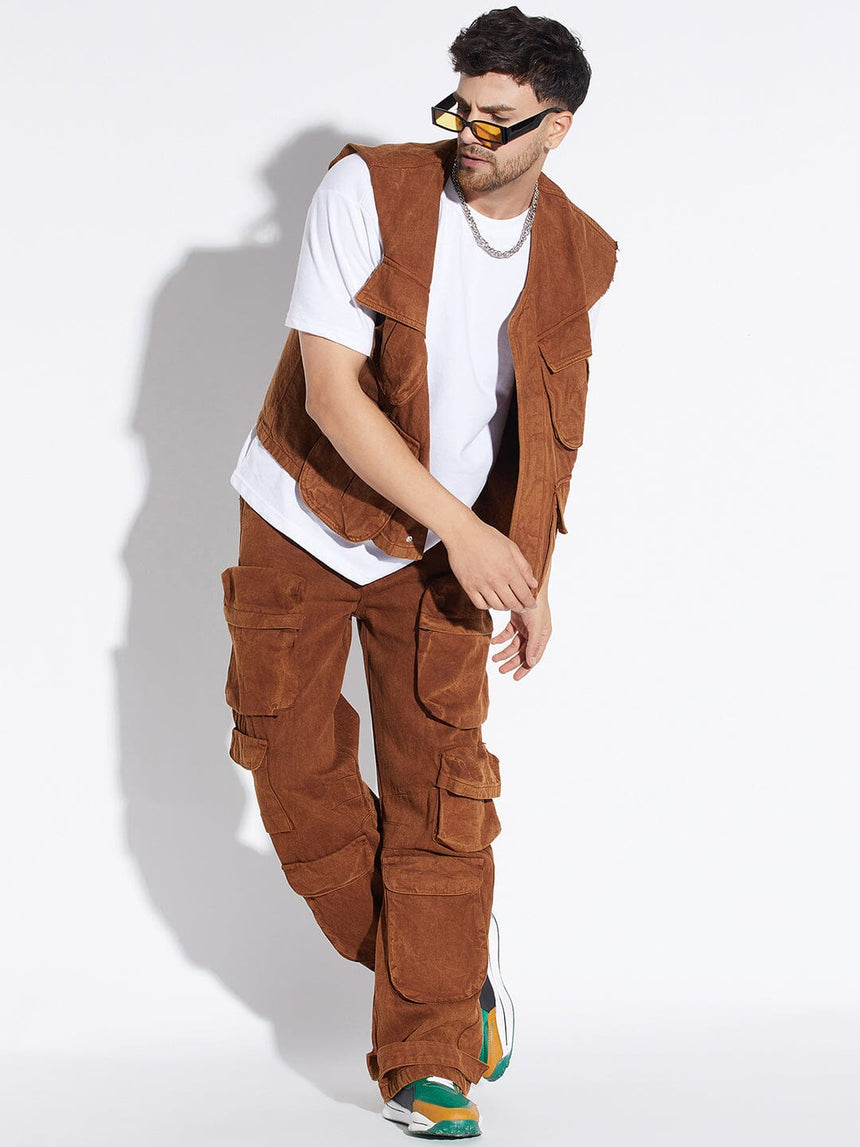 Brown Wash Denim Utility Sleeveless Jacket Jackets Fugazee 