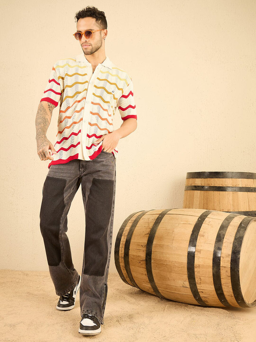 Ecru Wavy Stripes Crochet Shirt Shirts Fugazee 