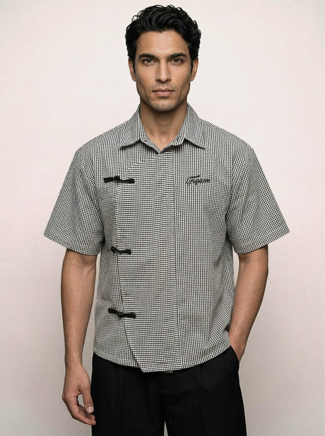 Black Checkered Chinese Frog Buttoned Cropped Shirt Shirts Fugazee 
