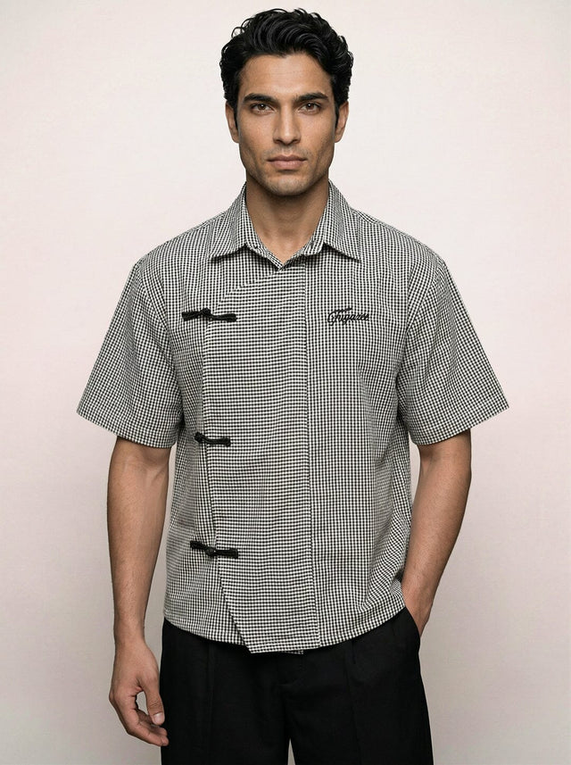 Black Checkered Chinese Frog Buttoned Cropped Shirt Shirts Fugazee 