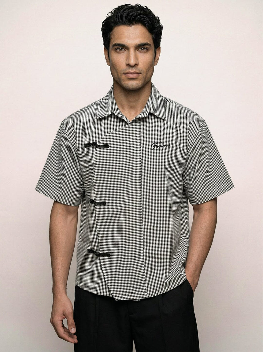 Black Checkered Chinese Frog Buttoned Cropped Shirt Shirts Fugazee 