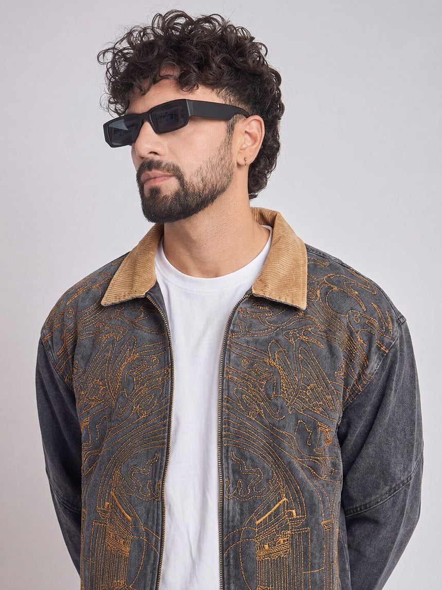 Grey Denim Embroidered Harrington Jacket Jackets Fugazee 