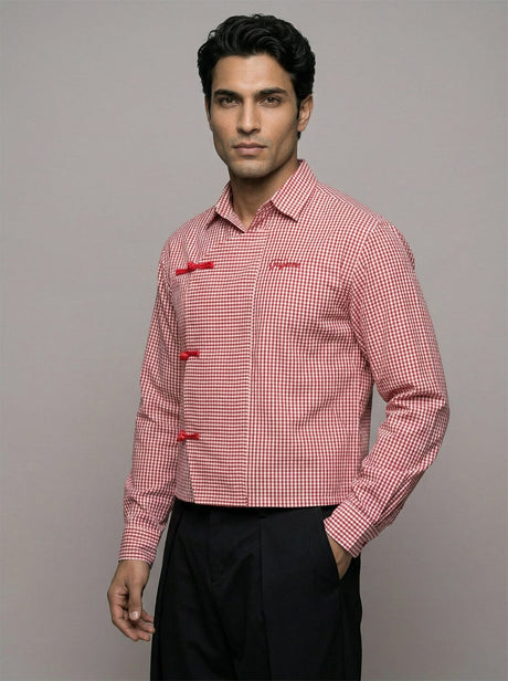 Red Checkered Chinese Frog Buttoned Cropped Shirt Shirts Fugazee 