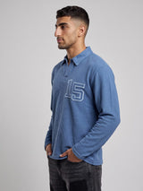 Blue Washed Textured Applique Longsleeve Polo Tshirt T-Shirts Fugazee 