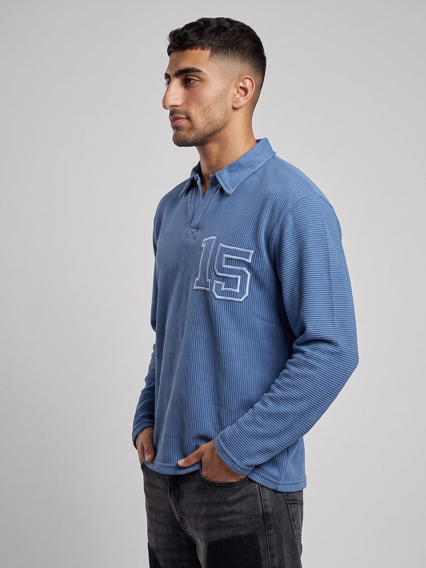 Blue Washed Textured Applique Longsleeve Polo Tshirt T-Shirts Fugazee 