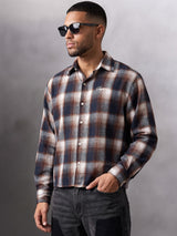 Brown & Navy Checkered Flannel Cropped Shirt Shirts Fugazee 