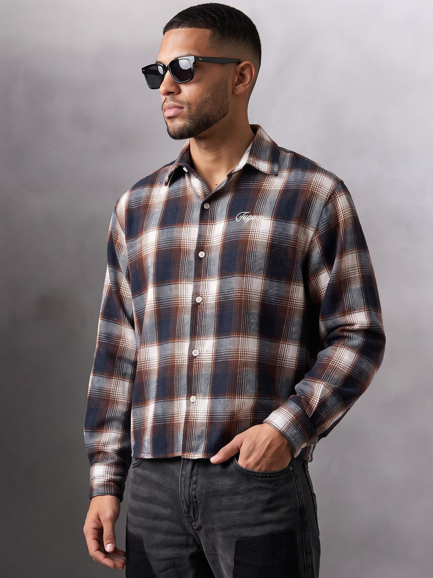 Brown & Navy Checkered Flannel Cropped Shirt Shirts Fugazee 