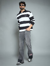 Black & White Striped Raw Edge Rugby Sweatshirt Sweatshirts Fugazee 
