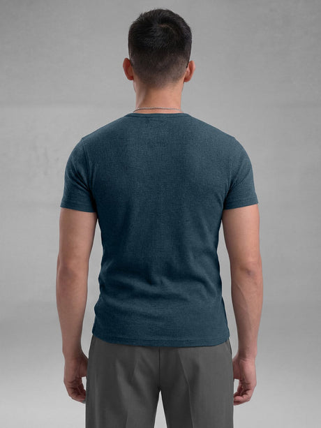Denim Blue Ribbed Henley Short Sleeves Tshirt T-Shirts Fugazee 