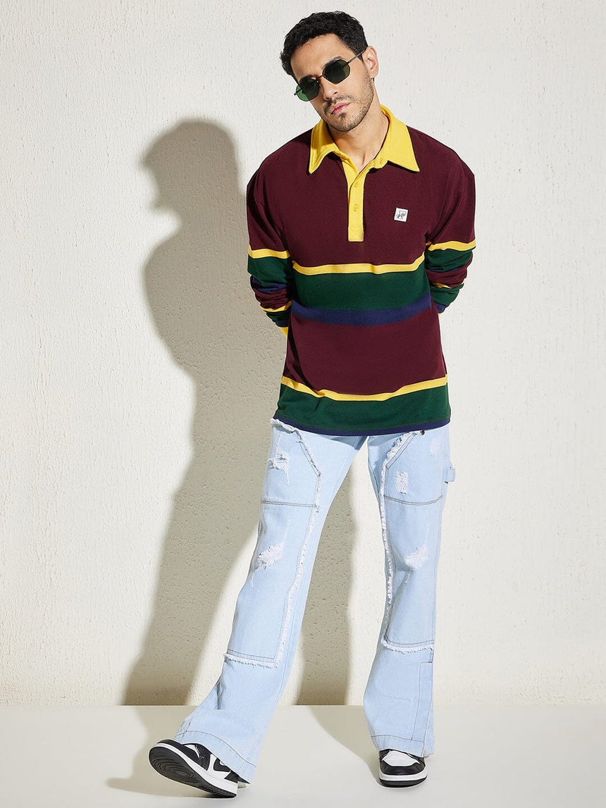 Wine Striped Oversized Longsleeve Polo Tee T-shirts Fugazee 