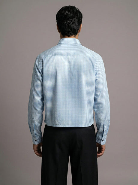 Marine Blue Striped Chinese Frog Buttoned Cropped Shirt Shirts Fugazee 