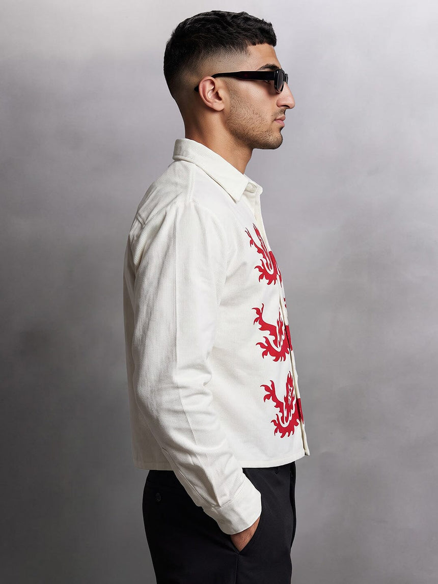 Ecru Lions Graphic Cropped Corduroy Shirt Shirts Fugazee 