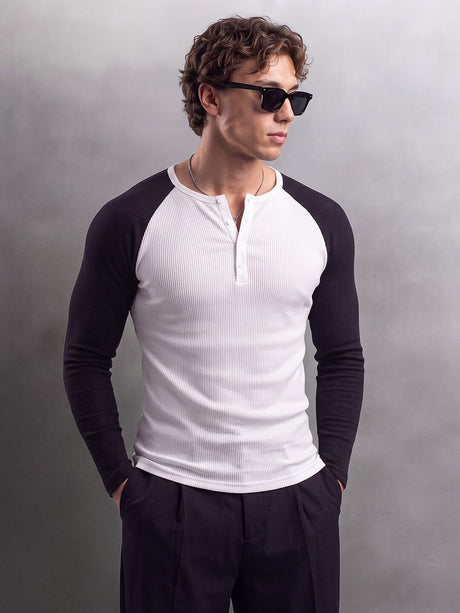 Monochrome Raglan Ribbed Henley Tshirt T-Shirts Fugazee 