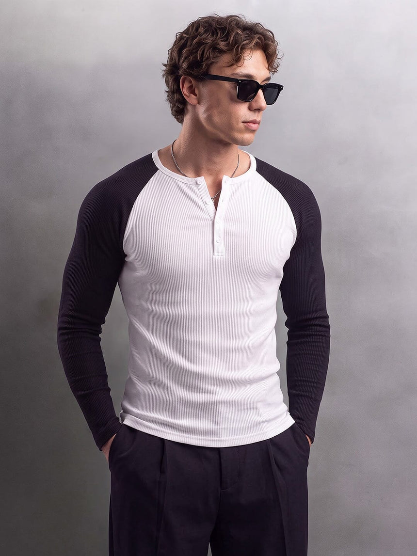 Monochrome Raglan Ribbed Henley Tshirt T-Shirts Fugazee 