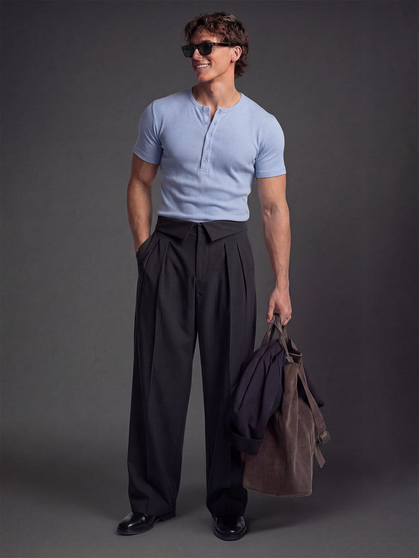 Sky Blue Ribbed Henley Short Sleeve Tshirt T-Shirts Fugazee 