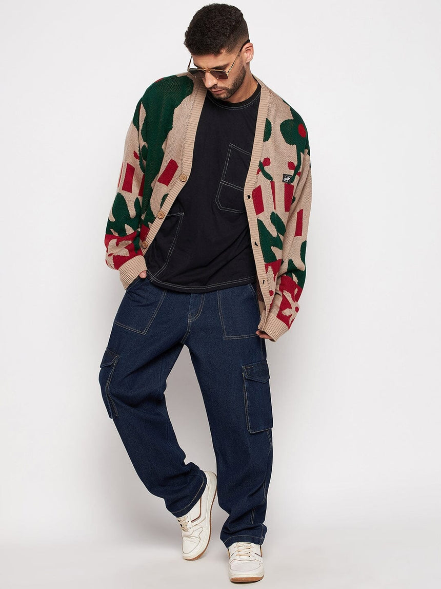 Beige Abstract Oversized Cardigan Sweaters Fugazee 