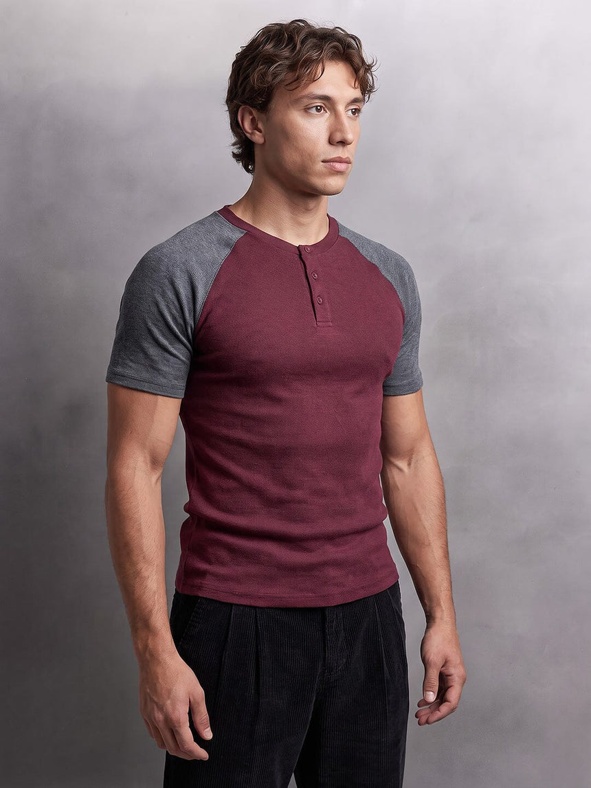 Grey And Maroon Ribbed Raglan Short Sleeve Henley Tshirt T-Shirts Fugazee 