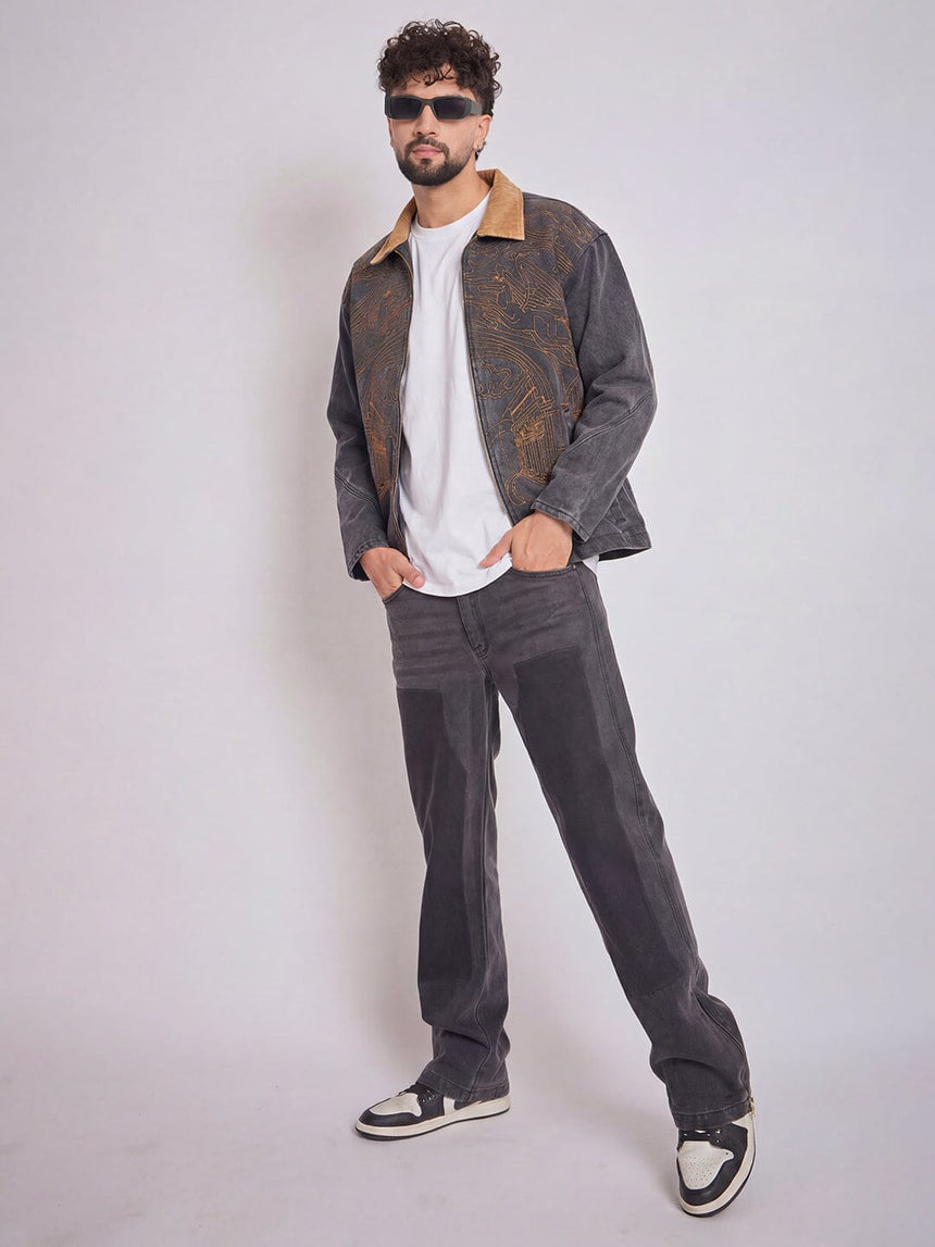 Grey Denim Embroidered Harrington Jacket Jackets Fugazee 