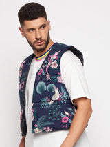 Navy Floral Print Sleeveless Puffer Jacket Jackets Fugazee 
