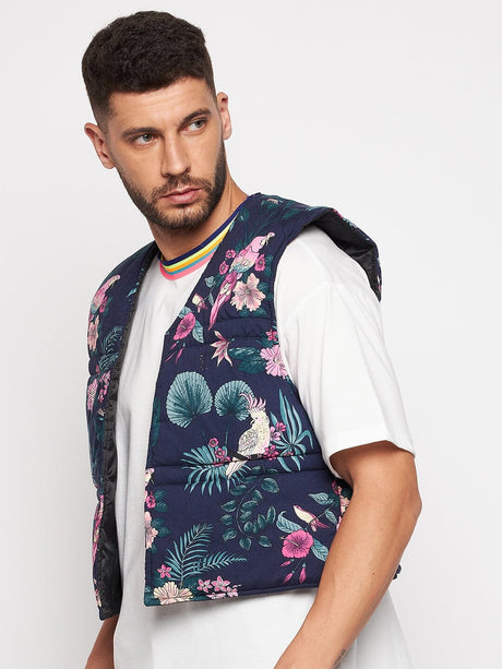 Navy Floral Print Sleeveless Puffer Jacket Jackets Fugazee 