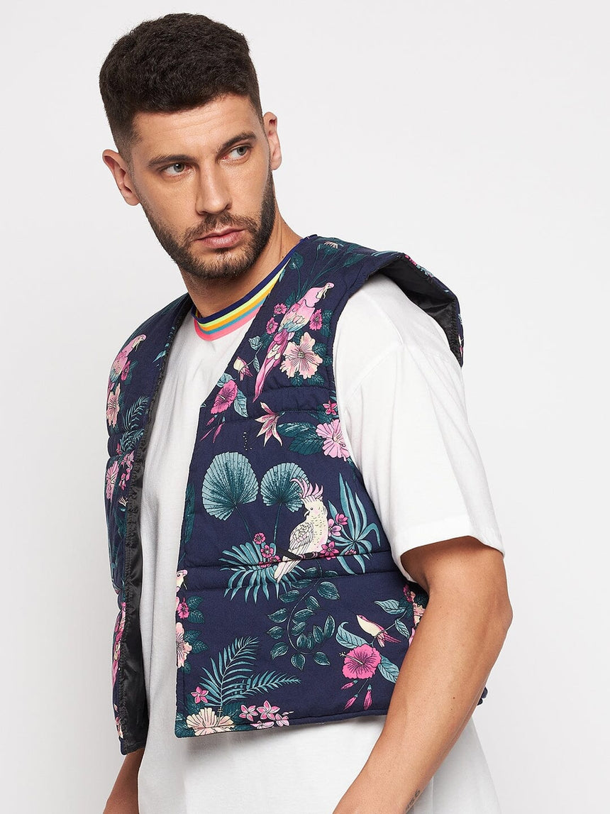 Navy Floral Print Sleeveless Puffer Jacket Jackets Fugazee 