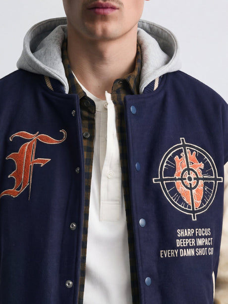 Navy Cupid Sniper Hooded Varsity Jacket Jackets Fugazee 