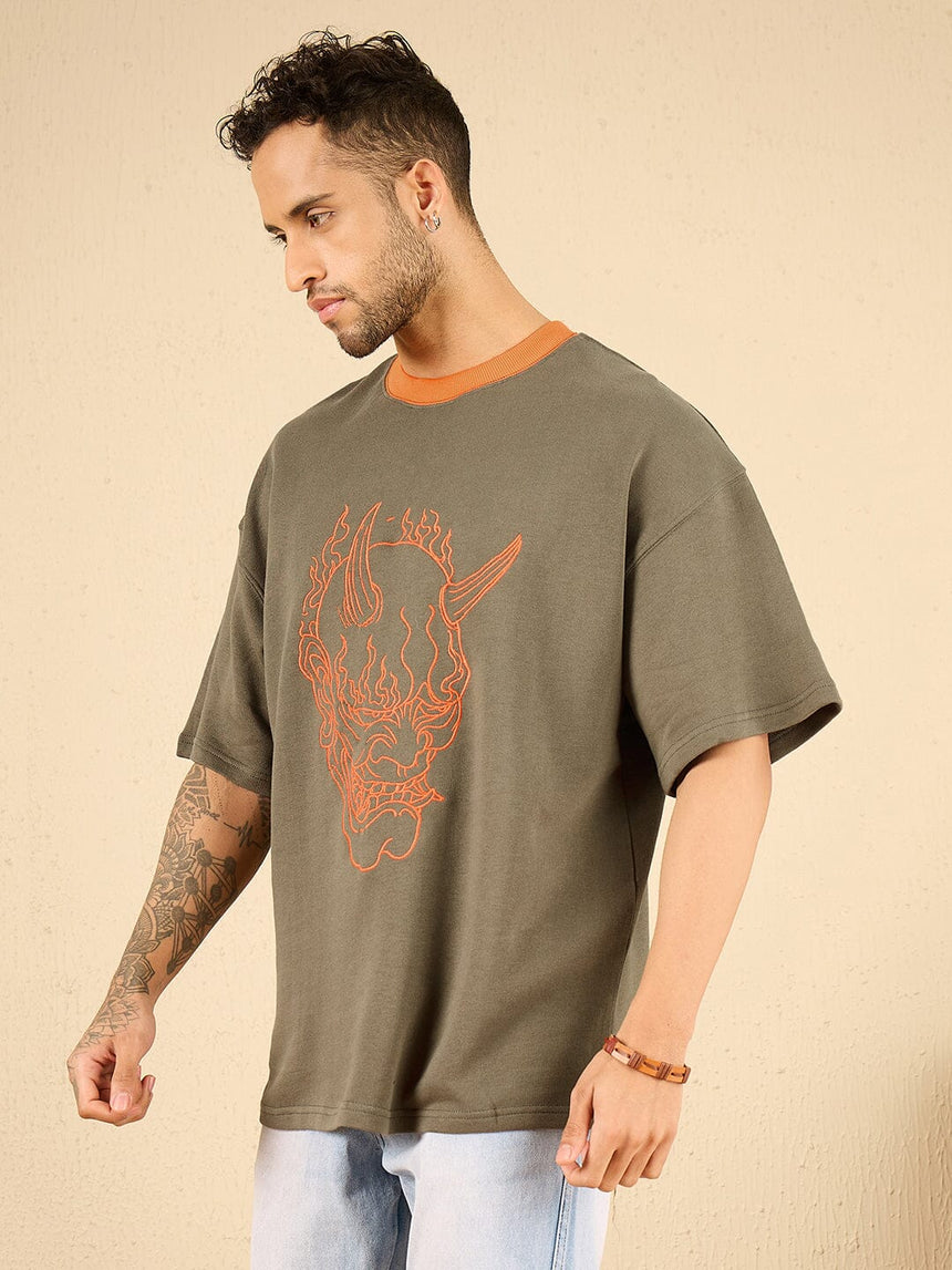 Khaki Demon Embroidered Oversized Tshirt T-shirts Fugazee 
