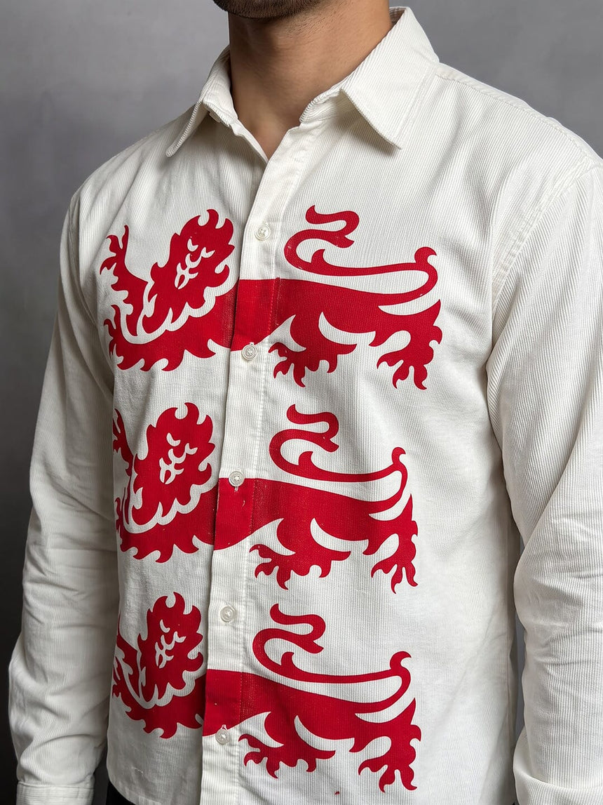 Ecru Lions Graphic Cropped Corduroy Shirt Shirts Fugazee 