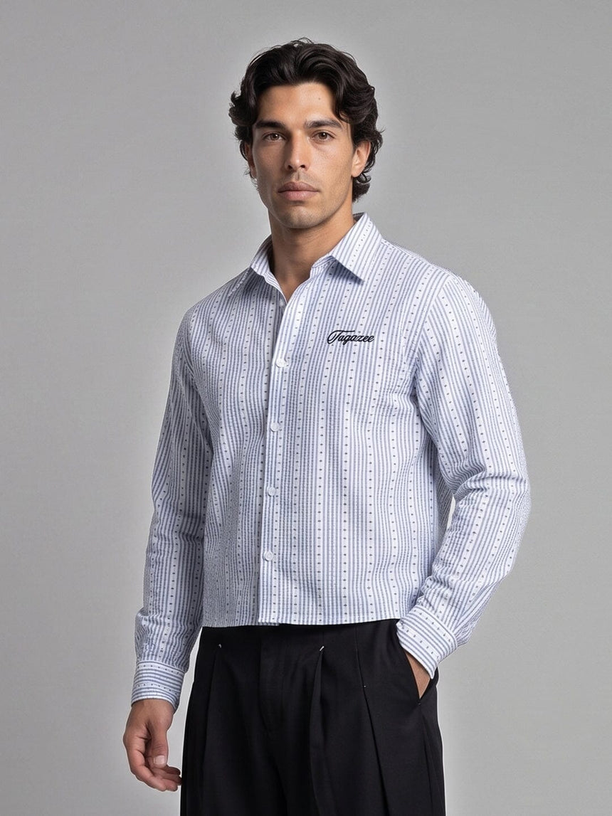 Airy Blue Seersucker Striped Cropped Shirt Shirts Fugazee 
