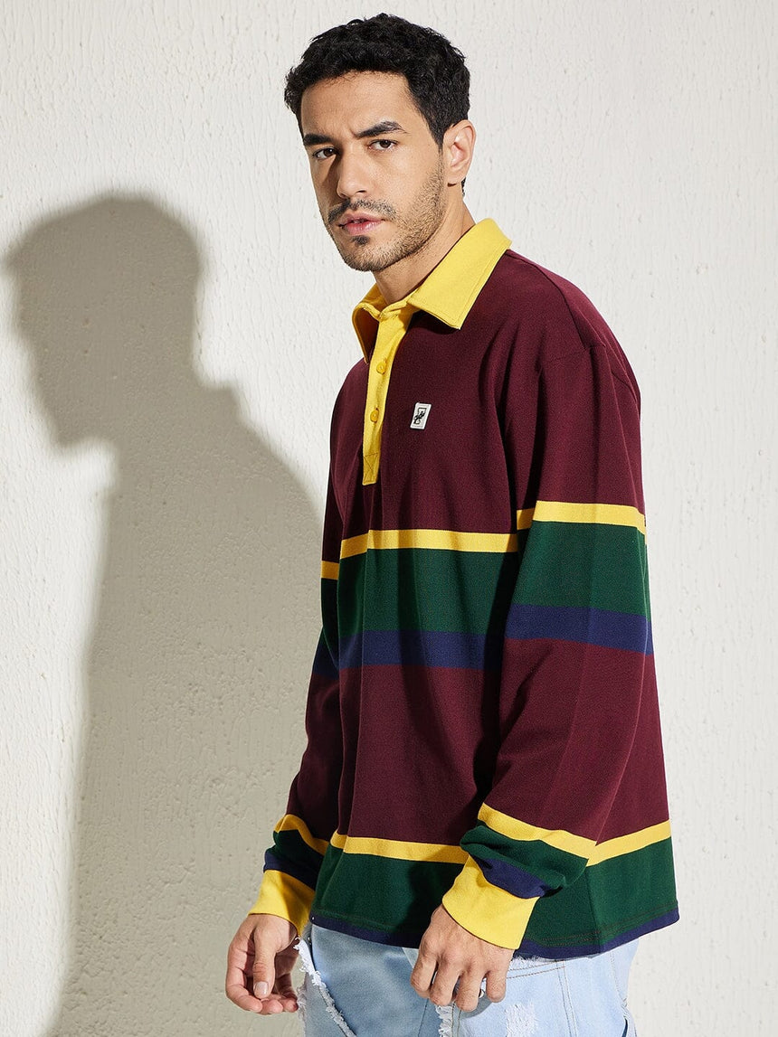 Wine Striped Oversized Longsleeve Polo Tee T-shirts Fugazee 